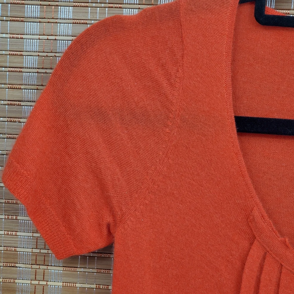♧ Henri Bendel Orange Cashmere Pleated Scoopneck Short Sleeve Sweater Size Small